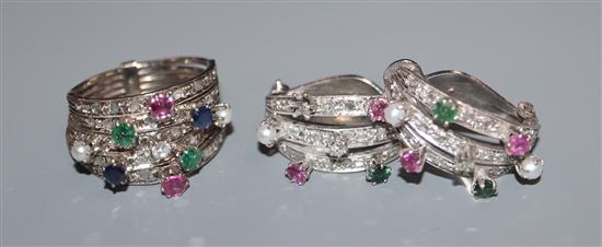 A 750 white metal, ruby, sapphire, emerald, cultured pearl and diamond set suite of jewellery